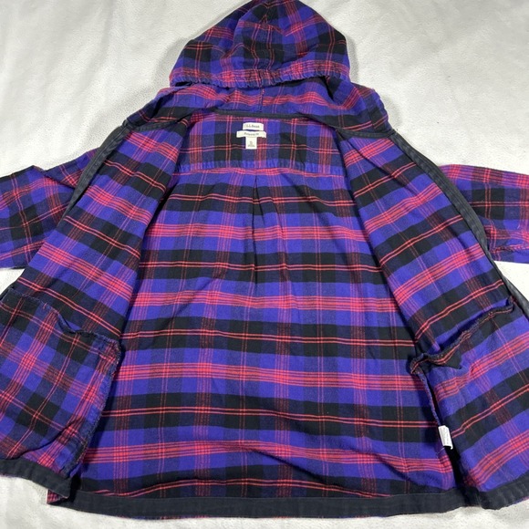 LL Bean Jacket Womens XL Black Scotch Plaid Relaxed Fit Zip Up Flannel Hoodie - Picture 3 of 8